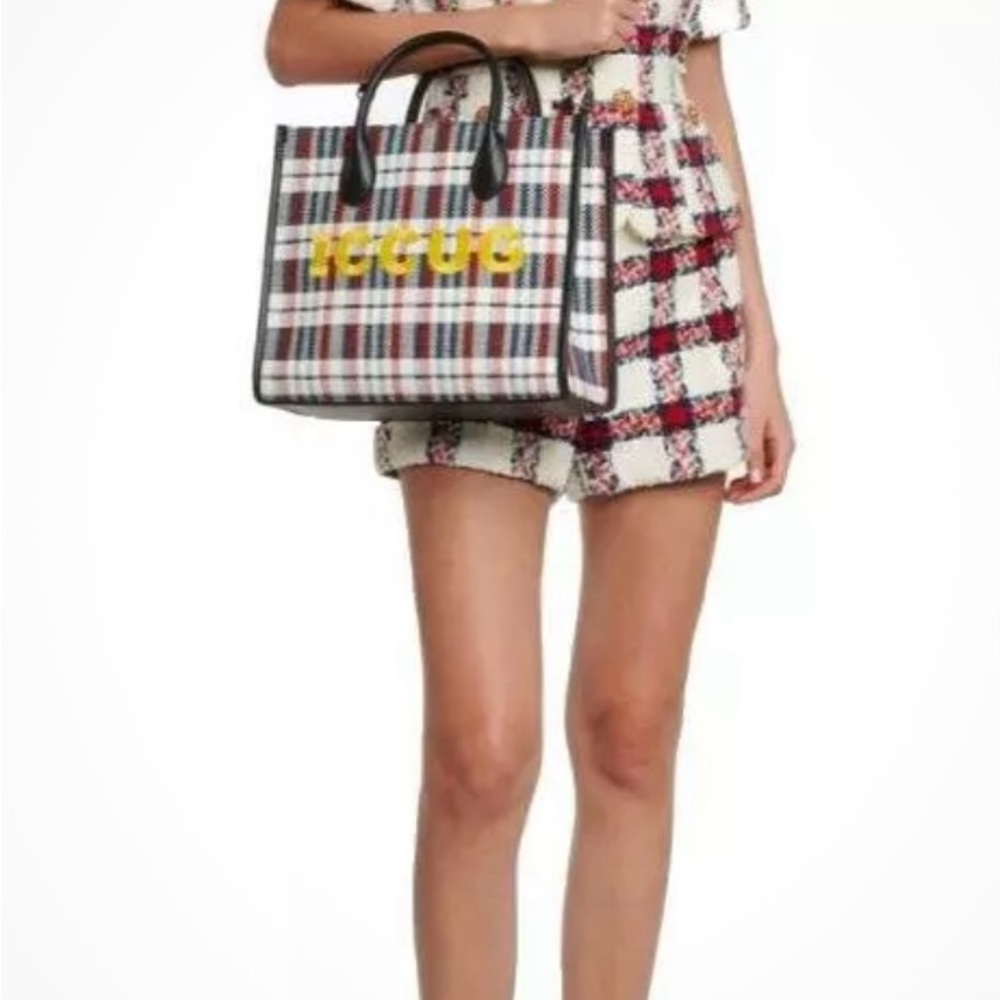 NEW GUCCI MULTICOLOR CHECK SMALL"ICCUG" LOGO LEATHER RAFFIA TOTE BAG